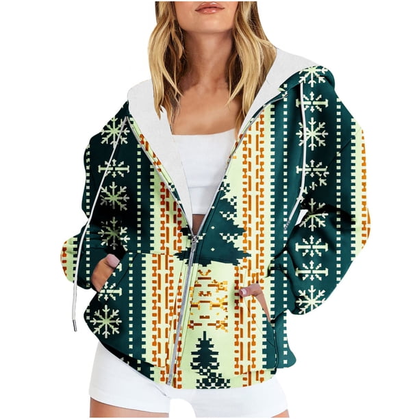 Sudadera con capucha y manga larga para mujer, informal, con estampado navideño, cremallera, manga larga, poliéster