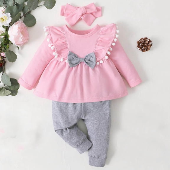 Spazoro Girls Outfit Sets Size 0-4Y, 100%Cotton Spring and Fall 2 PC Casual Solid Color Long Sleeved Shirts & Pants Sets for Kids Pink