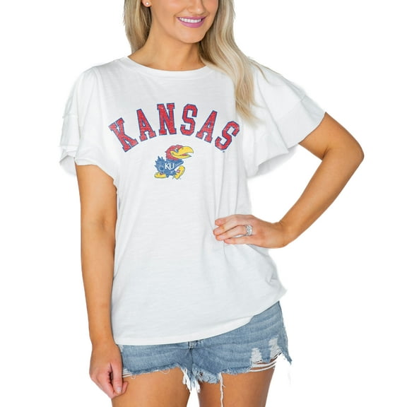 Women's Gameday Couture  White Kansas Jayhawks Arch Logo Flutter Sleeve Lightweight T-Shirt