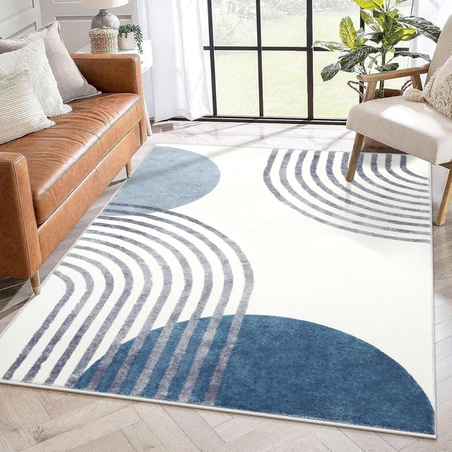 Wonnitar Boho Area Rugs for Bedroom,Washable 4x6 Blue Rug for Living Room,Non-Slip Mid Century Modern Kids Throw Mat,Soft Low Pile Abstract Floor Carpet for Bedside Den Classroom