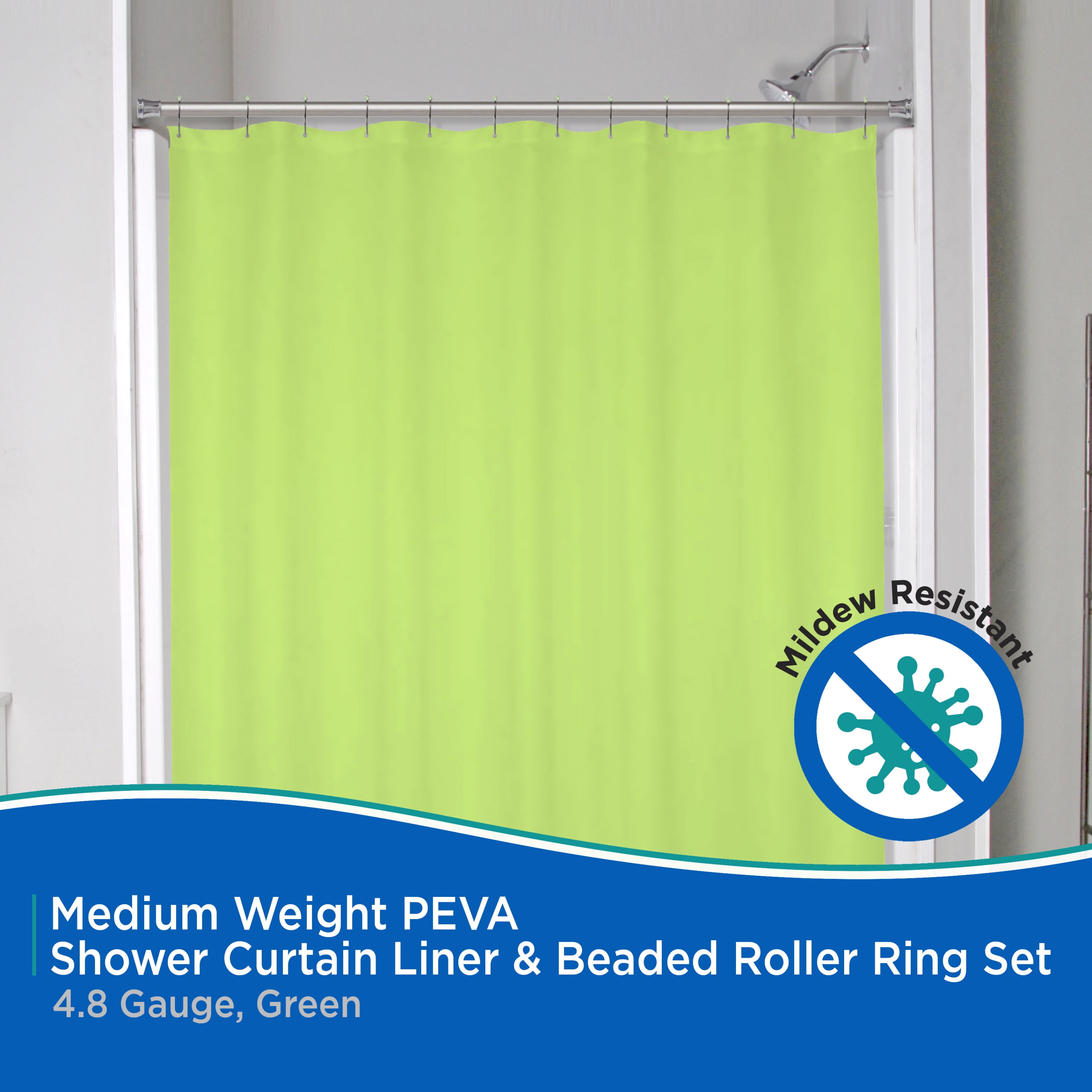 Kenney Medium Weight PEVA Shower Curtain Liner and Beaded Roller Ring Set, 70" W x 72" H, Green