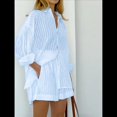 thumbnail image 3 of Conjuntos de Verano de 2 Piezas para Mujer: Camisetas A Rayas con Mangas Abullonadas y Botones, Pantalones Cortos A Juego y Conjuntos Casuales Azul XL, 3 of 5