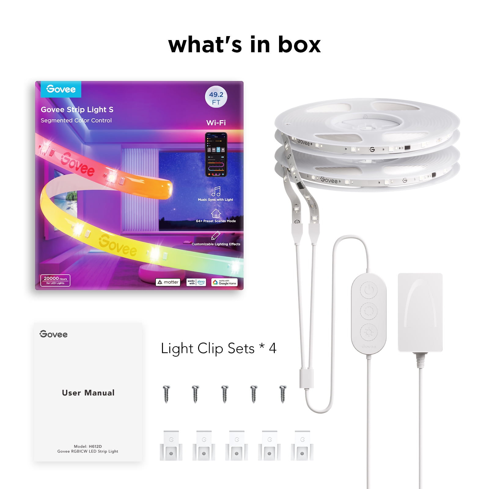 Govee RGBICW Wi-Fi LED Strip Light, 49.2ft, Smart App Control, Multicolor for Bedroom & TV Backlight