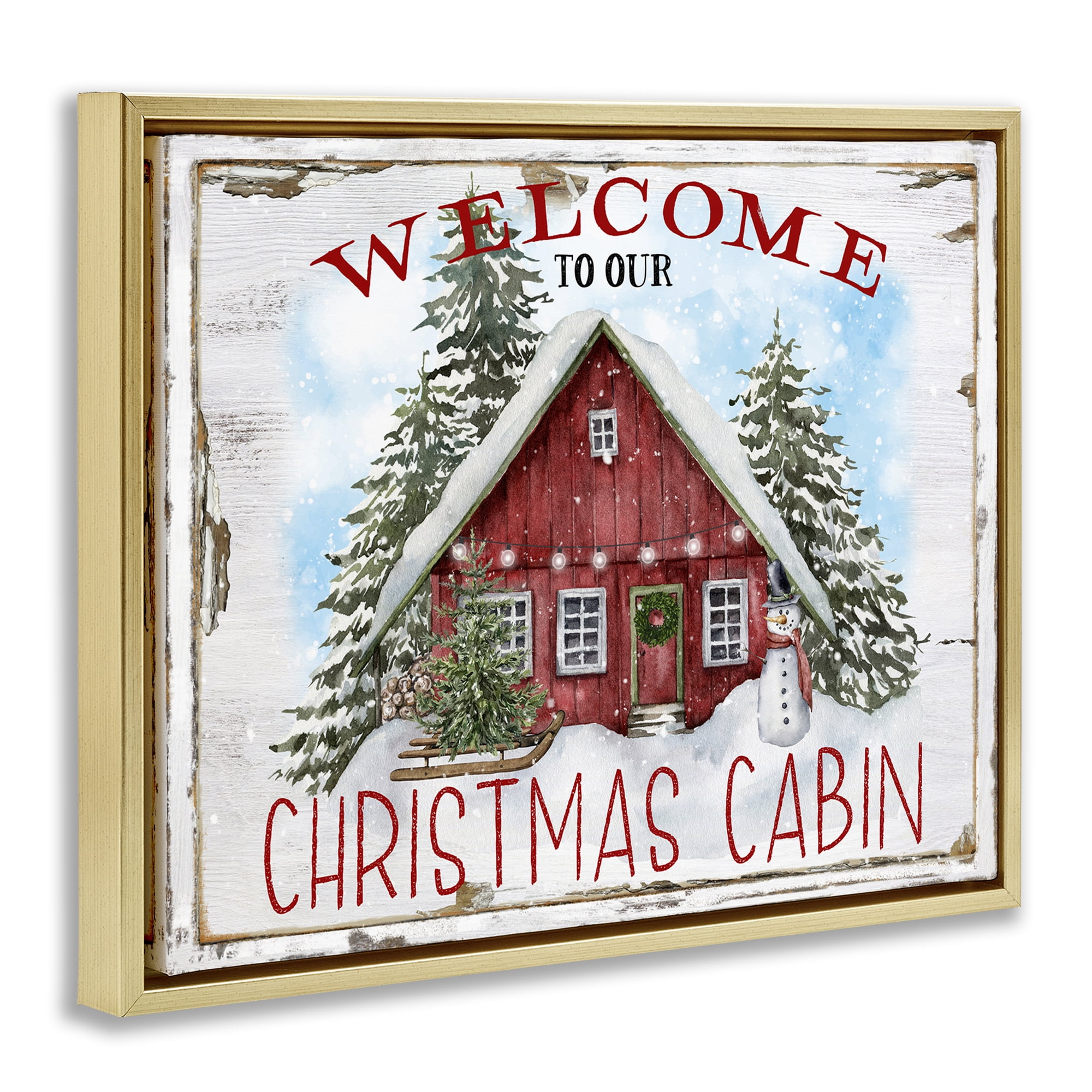 Stupell Industries Christmas Cabin Welcome Holiday Painting Gold Floater Framed Canvas Art Prints Wall Art, 21 x 17