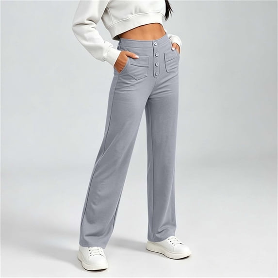 hlysgo Women's Wide Leg Trousers High Waisted Stretchy Pants Loose School Trendy Clothes Casual Work Pant with Pockets Gray,S