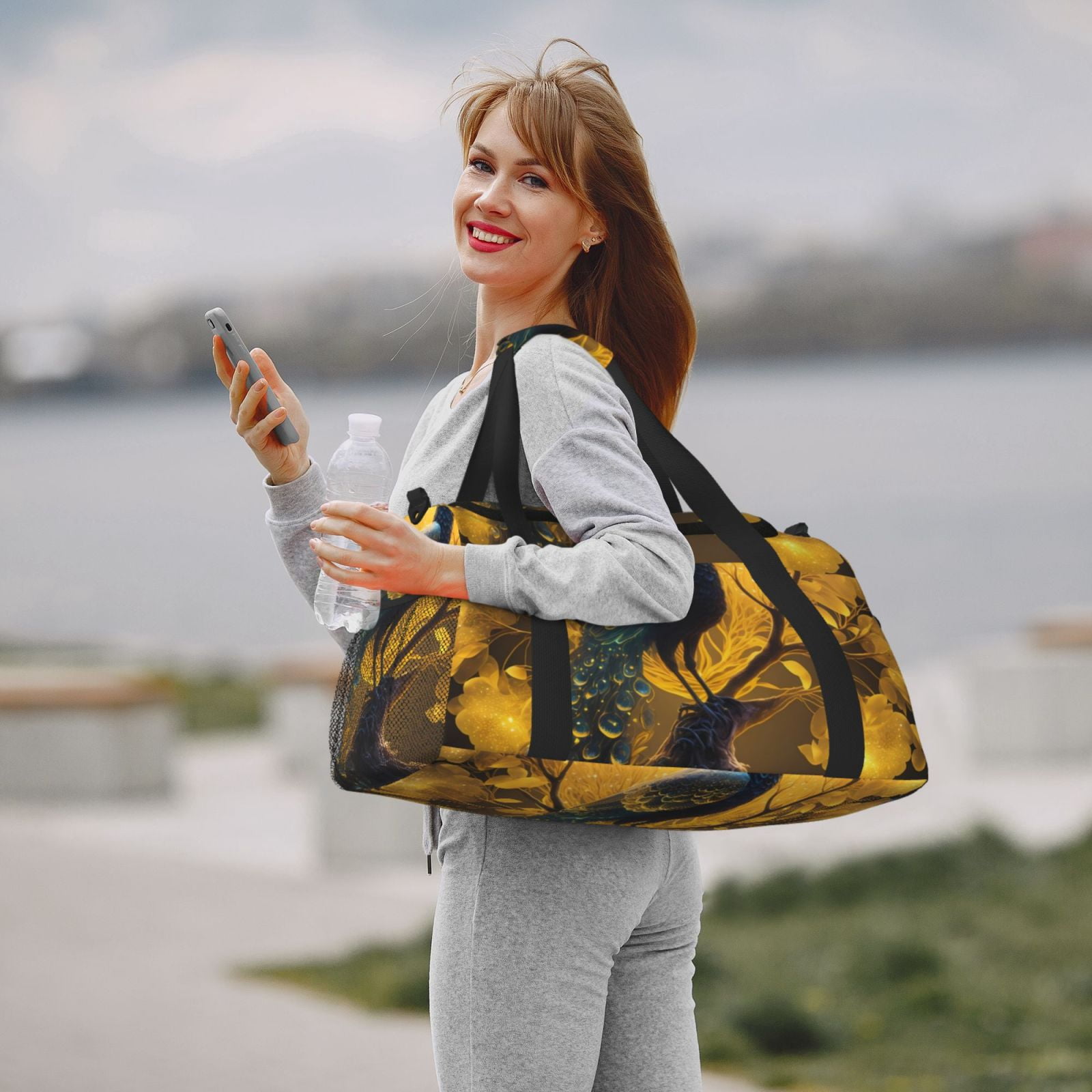 Fuzoiu Elegant Gold Leaf Peacock Print Travel Duffle Bag,Carry On Tote Bags,Duffel Bag,Sport Gym Bag, Hospital Bag for Labor and Delivery, Overnight Bag,Luggage Bag