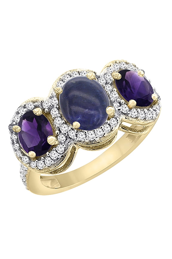 14K Yellow Gold Natural Lapis & Amethyst 3-Stone Ring Oval Diamond Accent, size 5