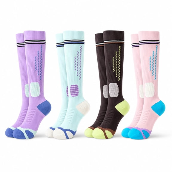 Women Knee High Compression Socks, Athletic Running Socks,  Breathable Non Slip Long Sports Socks for Workout Fitness Cycling, 4 Pairs Colorful Casual Cotton Crew Socks
