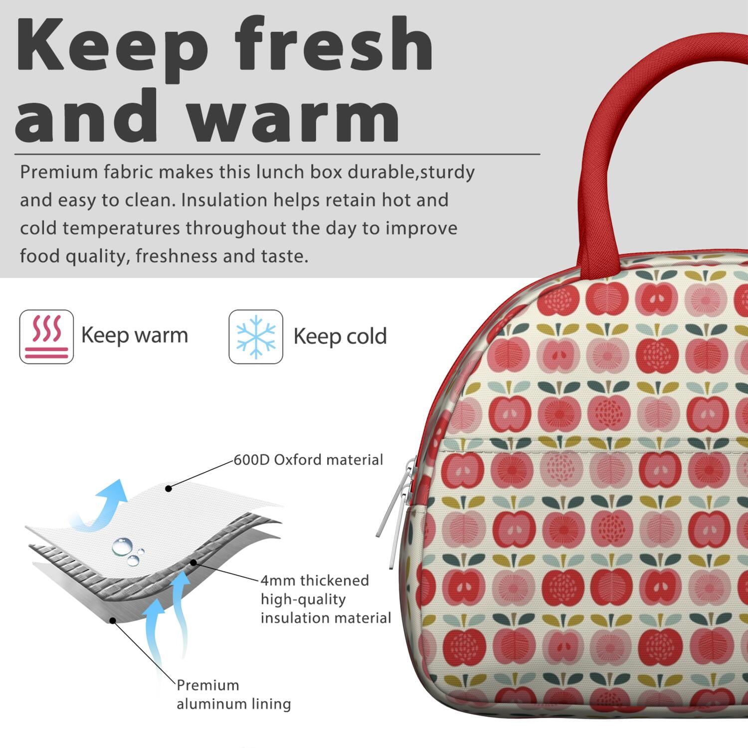Apple Lunch Bag for Women – Cute Red & Green Fruit Print Tote with Cartoon Design and Leaves, Insulated & Leakproof, Aesthetic Lunch Box for Work or Apple Lover Gifts by CandyC