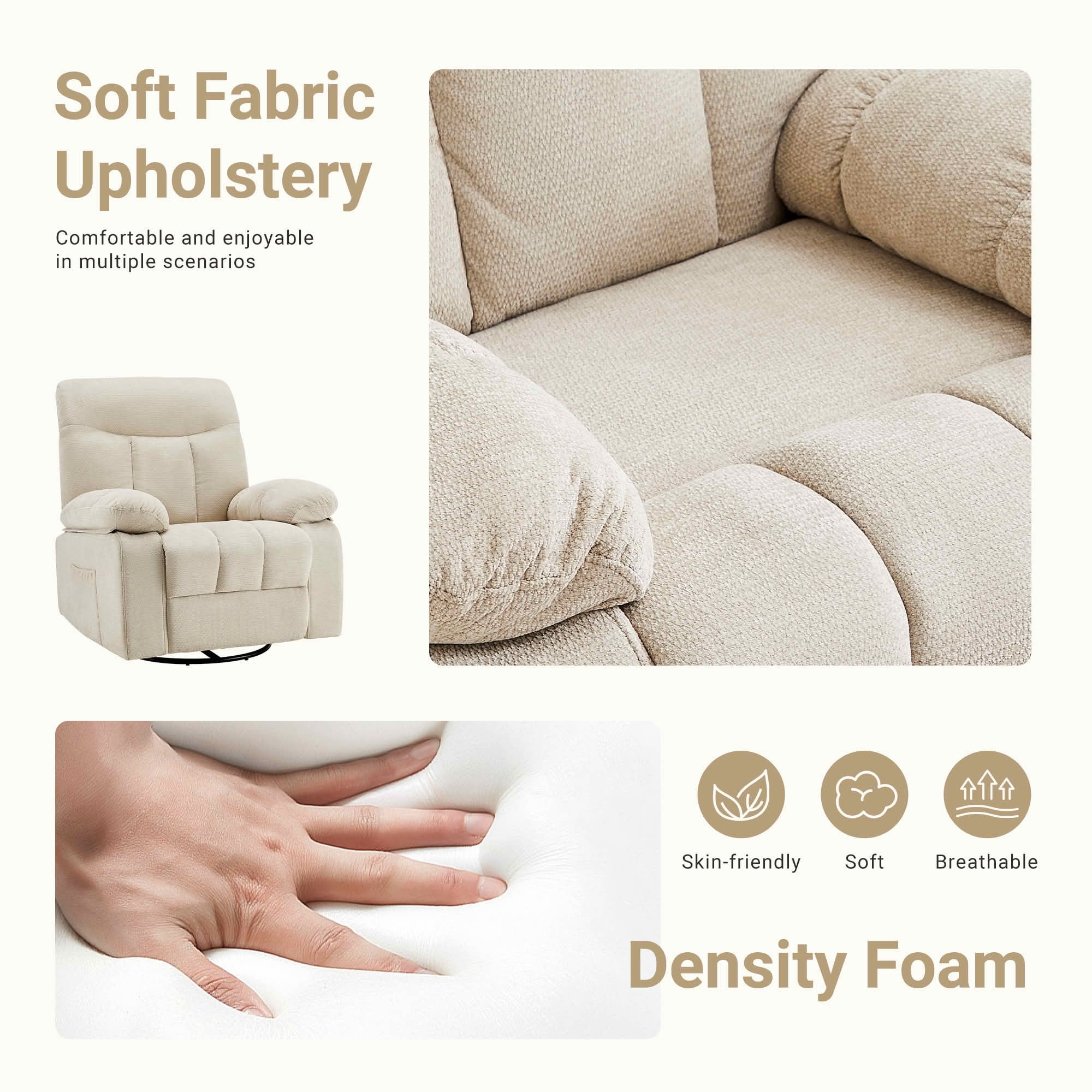 MAYEERTY Ergonomic Adjustable Rocking Rotating Lounge Chair, Vibration Massage Recliner with Lumbar Heating, Chenille Fabric High Load‑Bearing Leisure Chair for Home Use