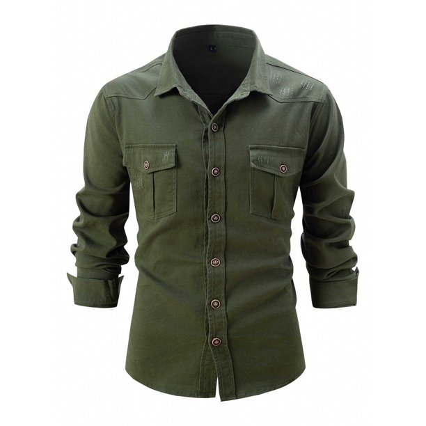 Blusa y camisa de manga larga con cuello vuelto para hombre, holgada, con solapa y botones, deportiva, de manga larga y solapa.
