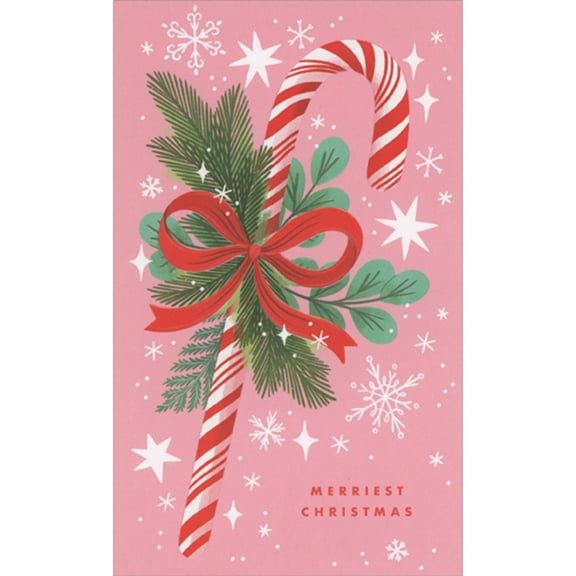 RSVP Candy Cane and Pine Branches Wrapped in Red Bow on Pink Money Holder / Gift Card Holder Christmas Card