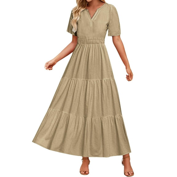 WQQZJJ Dresses for Women, Summer Casual Pleated Dress, V-Neck Short Sleeve Sexy Dresses Fashion Ankle-Length Dresses