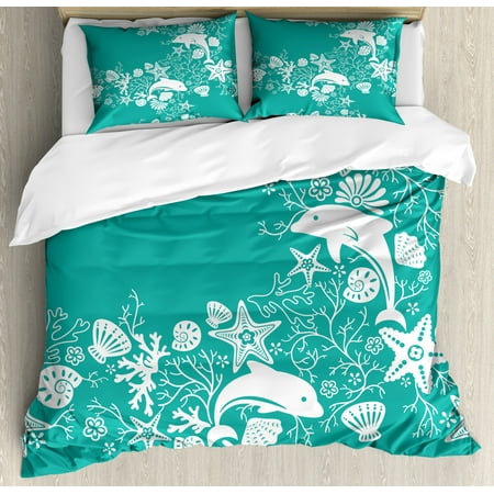 Sea Animals Duvet Cover Set, Dolphins Flowers Sea Life Floral Pattern Starfish Coral Seashell Wallpaper, Decorative Bedding Set with Pillow Shams, Sea Green White, by Ambesonne