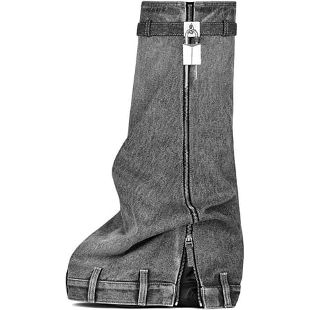 

THE SHY Women s Fold Over Knee High Boots Platform Heel Padlock Boot with Zipper Denim Jeans Biker Shoes