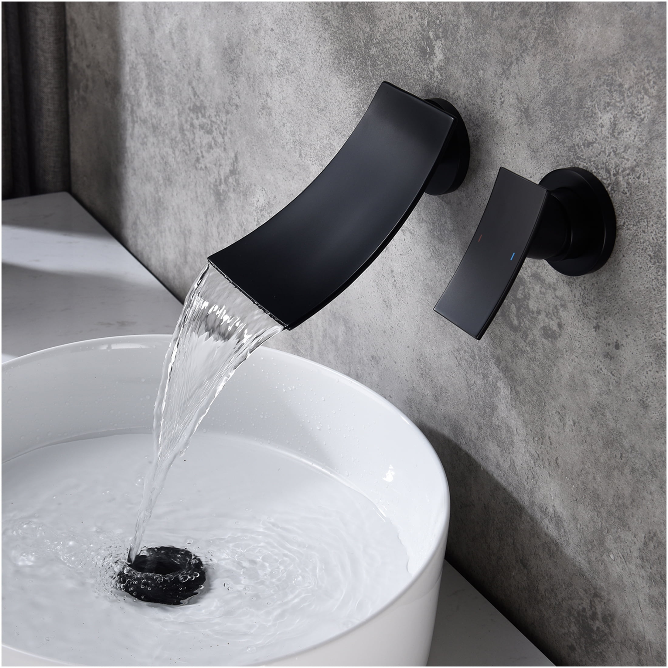 JERFIT Wall Mount Waterfall Bathroom Faucet, Matte Black Widespread Brass Spout Faucet for Vessel Sink, Bathtub