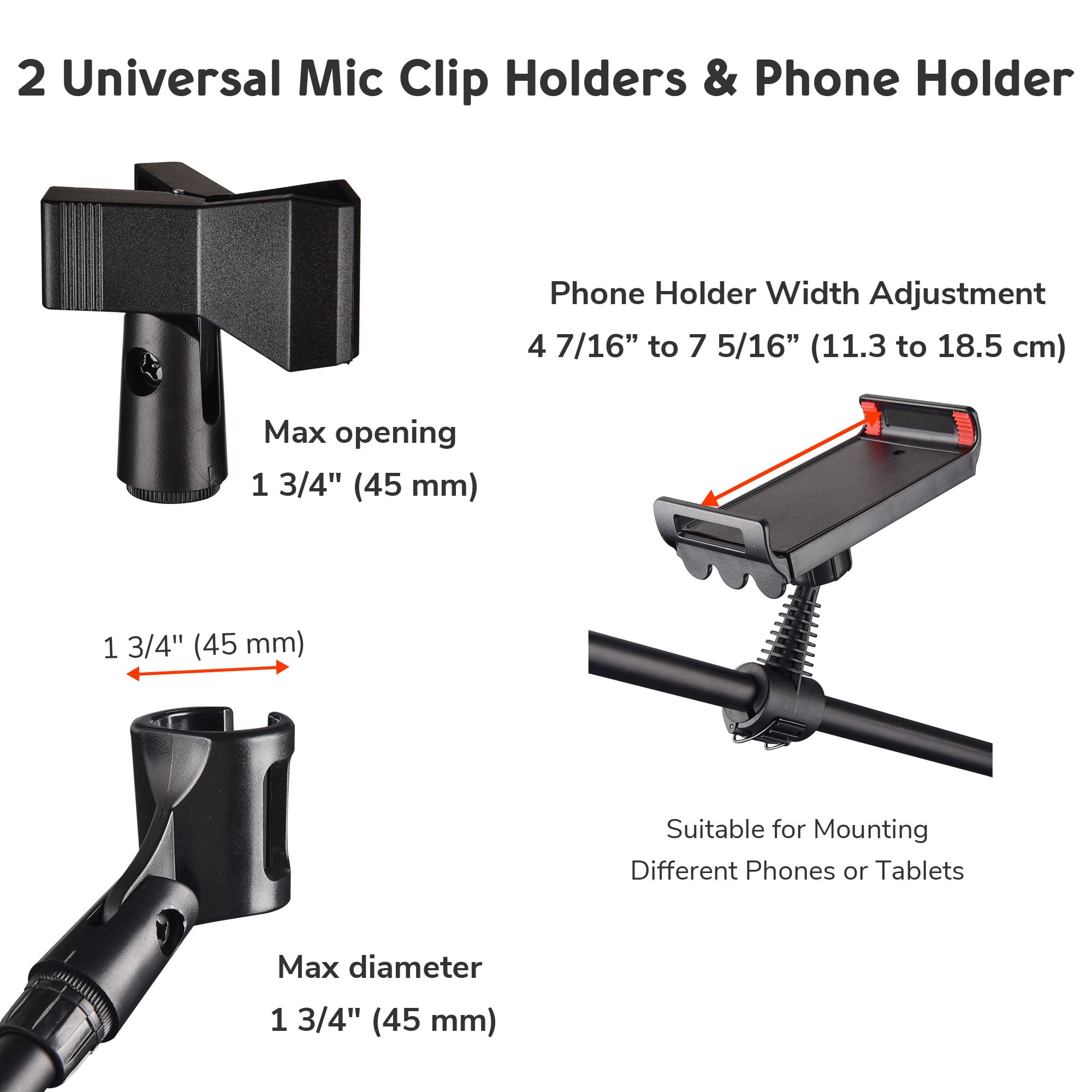 6 Packs Microphone Boom Arm Stand Dual Mic Clips Adjustable Tripod Phone Holder