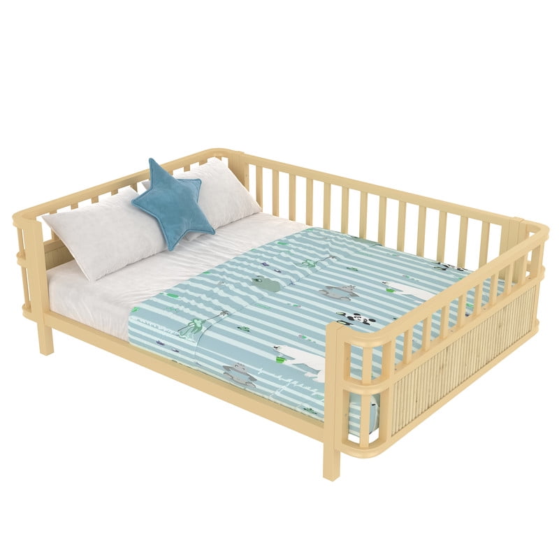 Bellemave Full Size Montessori Bed with Fence, Metal Low Platform Bed Frame with Detachable Side Bed Rails and Rounded Corner Design, Multiple Usage Methods Bed, No Box Spring Needed (Natural）