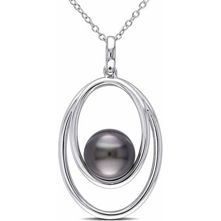 9.5-10mm Black Round Tahitian Pearl Sterling Silver Double Oval Pendant, 18