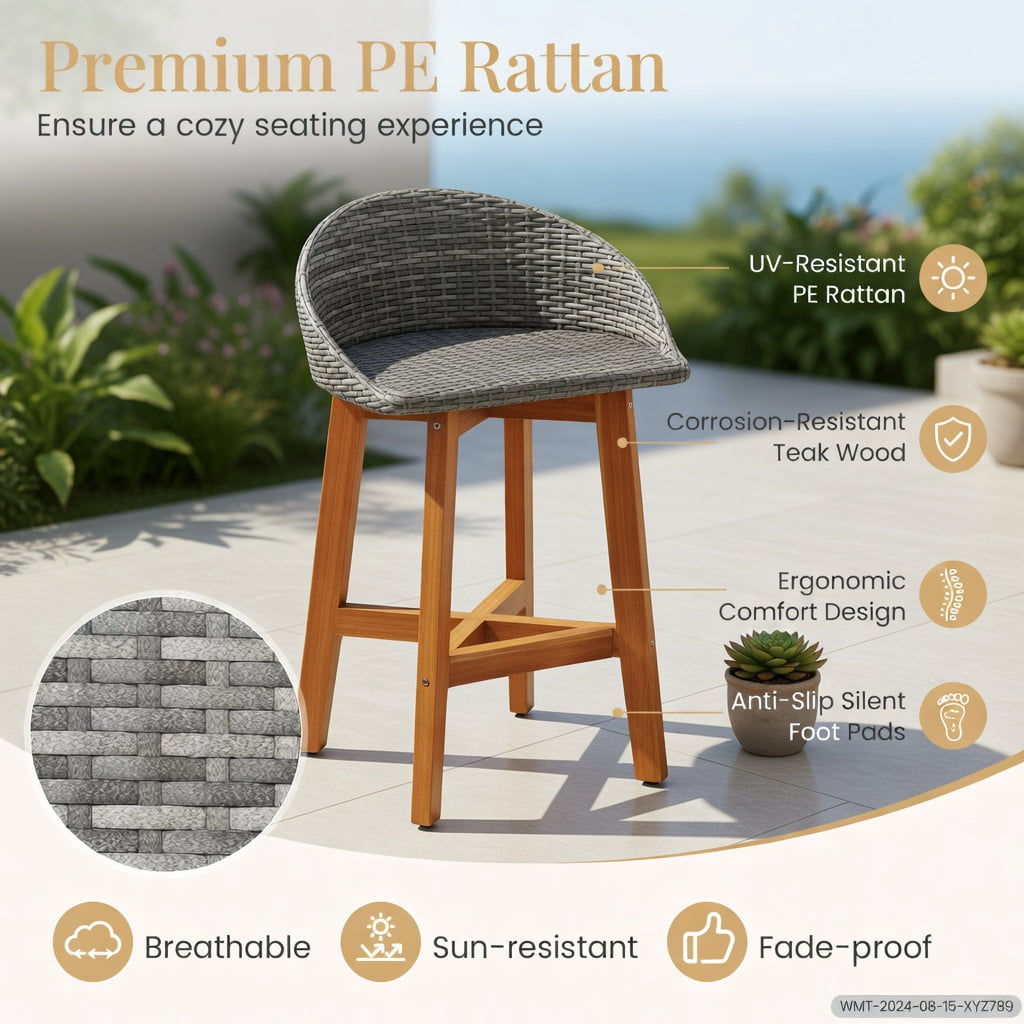 Hommoo 2-Piece Outdoor Bar Stool Set, PE Rattan & Solid Acacia Wood, Ergonomic Backrest, Footrest, Weather-Resistant, Natural