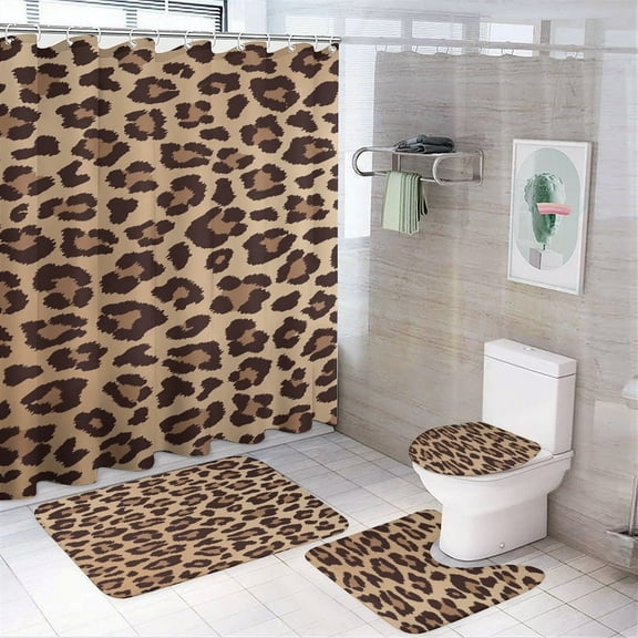 Leopard Print Shower Curtain Set Modern Bathroom Decor Mats 4pcs Fabric Bathroom Curtain Slip Floor Rug Toilet Lid