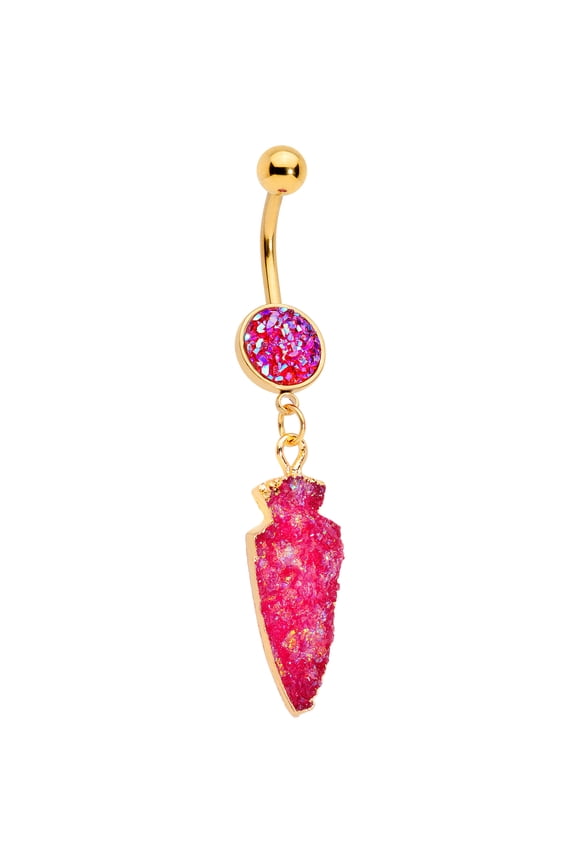 Women 14G Plated Steel Navel Ring Piercing Faceted Pink Accent Arrowhead Dangle Belly Button Ring