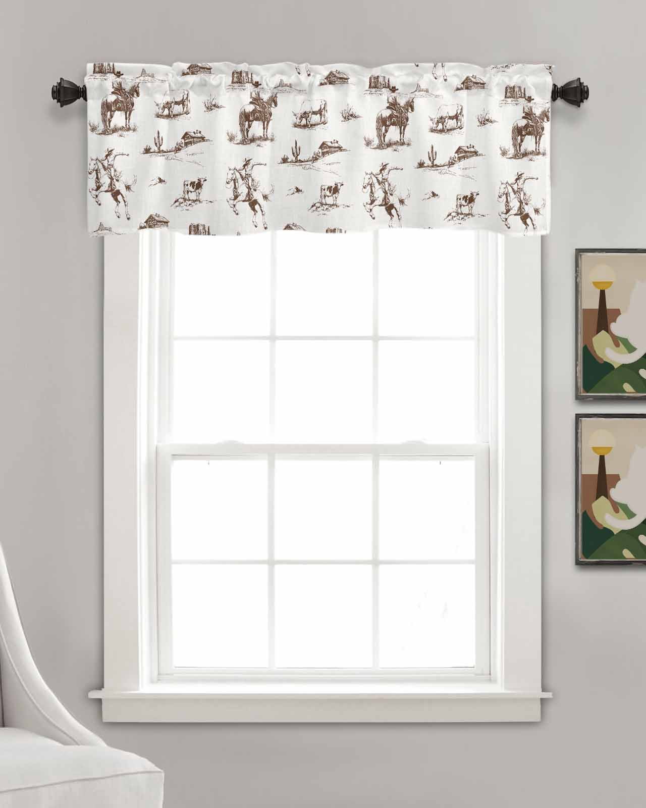 Vintage Western Kitchen Valances for Windows Farmhouse Linen Window Valance Curtain for Living Room Window Treatment Retro Art Horse Cowboy Farmhouse Valance Rod Pocket Topper Drape, 54 x 18 Inch