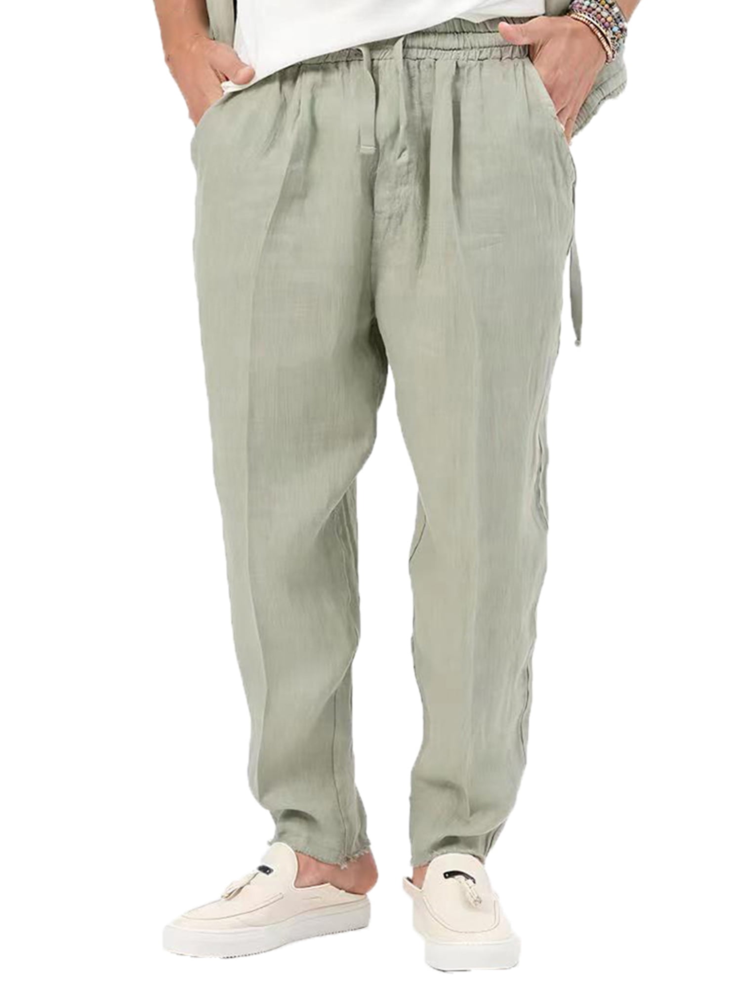 JustVH Men Cotton Blend Linen Trousers Full Length Athletic Pants