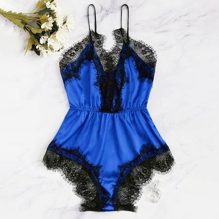 

MRULIC lingerie for women New Fashion Bodysuit Jumpsuit Lace Satin Silk Sleepwear Lingerie Underwear Blue + XXL