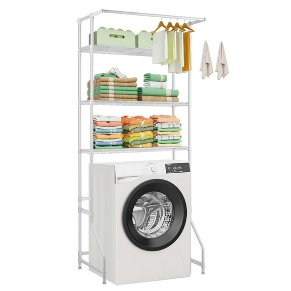 VEVOR Over Washer and Dryer Storage Shelf, 3 Tiers Laundry Room Drying Rack with Hanger Rod and Hooks, Single Row Adjustable Washer Shelves Space Saver, for Laundry Room Storage & Organization, White