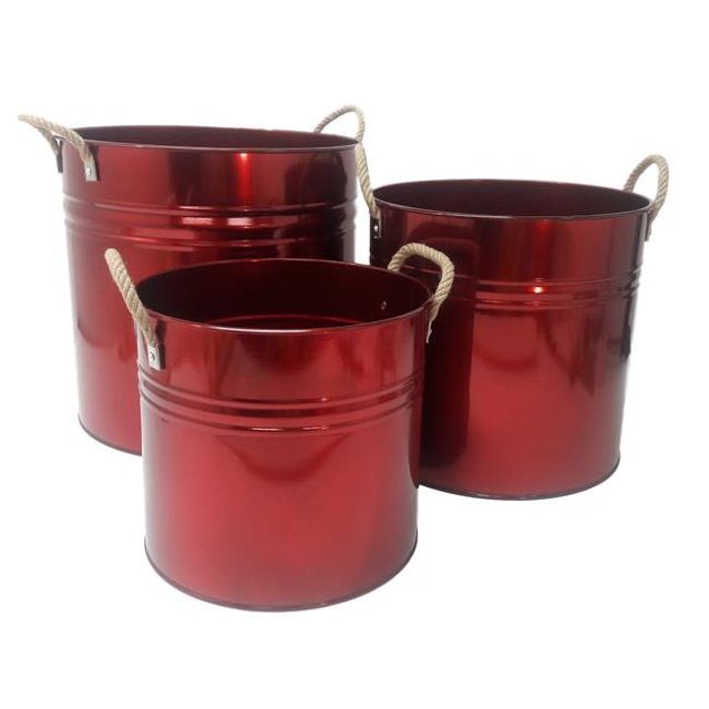 6720E GA S-3 Enameled Galvanized Planters with Rope Handle, Glazed Apple - Set of 3