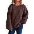 thumbnail image 2 of Women's Solid Color Casual Loose Knit Sweater Round Neck Long Sleeved Pullover for Fall Winter Everyday Essentials,Brown,M, 2 of 5