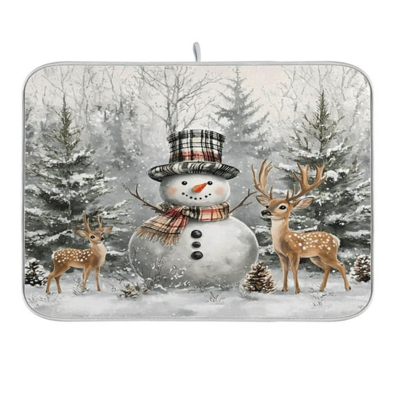 Snowman with Deer Dish Drying Mat for Kitchen Counter 16x18 In Absorbent Microfiber Reversible Mats Dish Drainer Protector Rack Pad for Coffee Bar Table