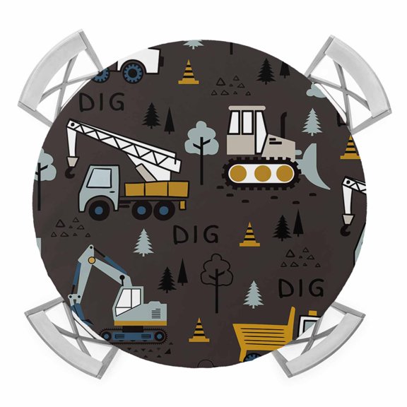 Elastic Fitted Round Tablecloth, Cartoon Tractor Waterproof Stretch Table Cover for 55"-60" Tables, Cute Grey Digger Shovel Truck Car Black Washable Outdoor Tablecloths for Patio, Picnic, Camping