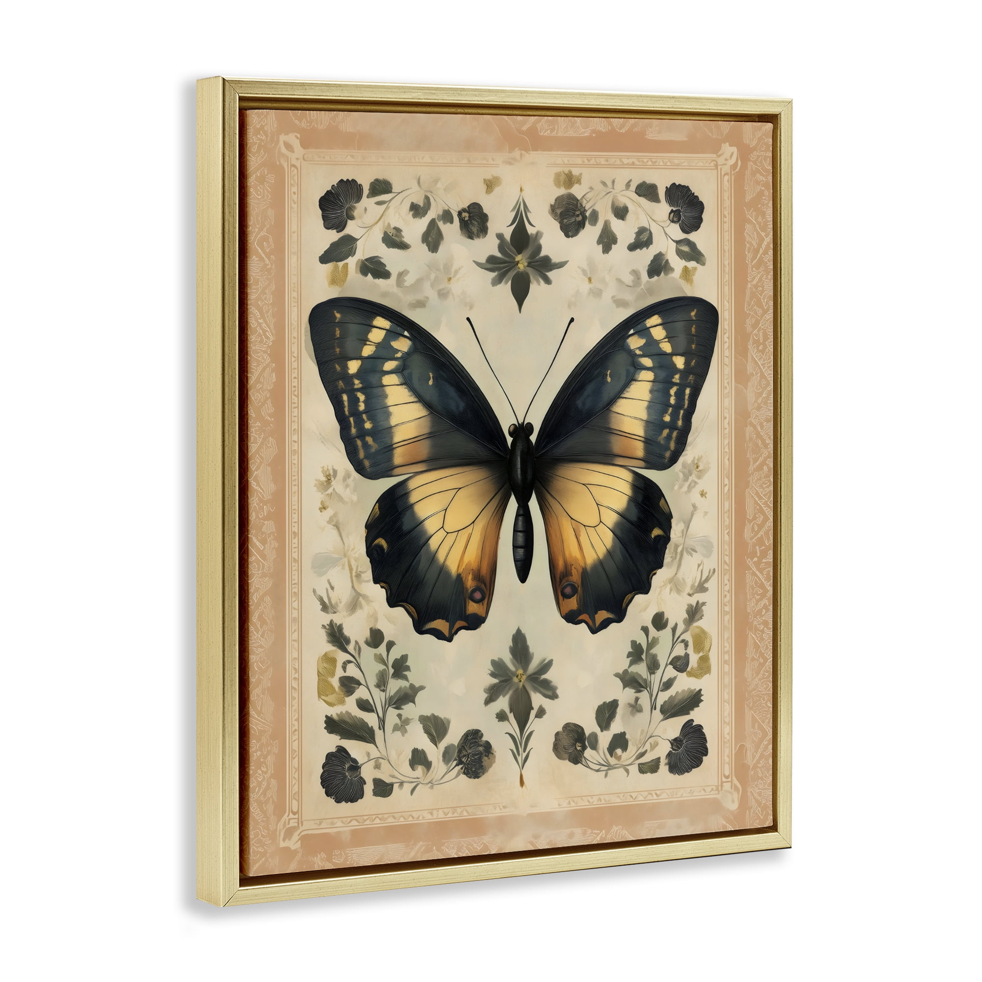 Stupell Industries Vintage Butterfly Botanical Illustration Gold Framed Floater Canvas Wall Art, design by Arlington Prints