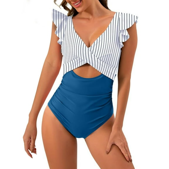 One Piece Striped Swimsuit for Women Ruffled Sleeve Cut Out Hollow Deep V Neck Slim Stretch Bathing Suit Summer 2025 Navy,XL