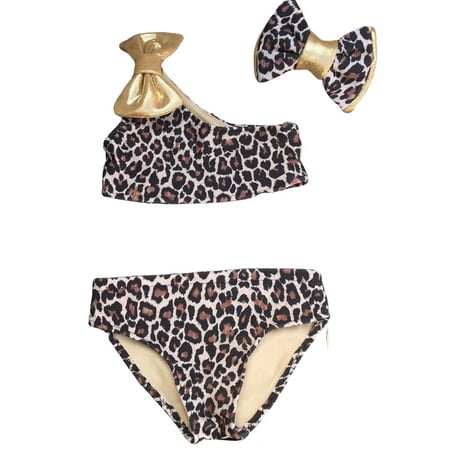 

CenturyX Kids Baby Girls 3PCS Bikini Set Leopard Printed One Shoulder Crop Bra Top Back Bow Bottoms Swimsuit Brown 12-24 Months