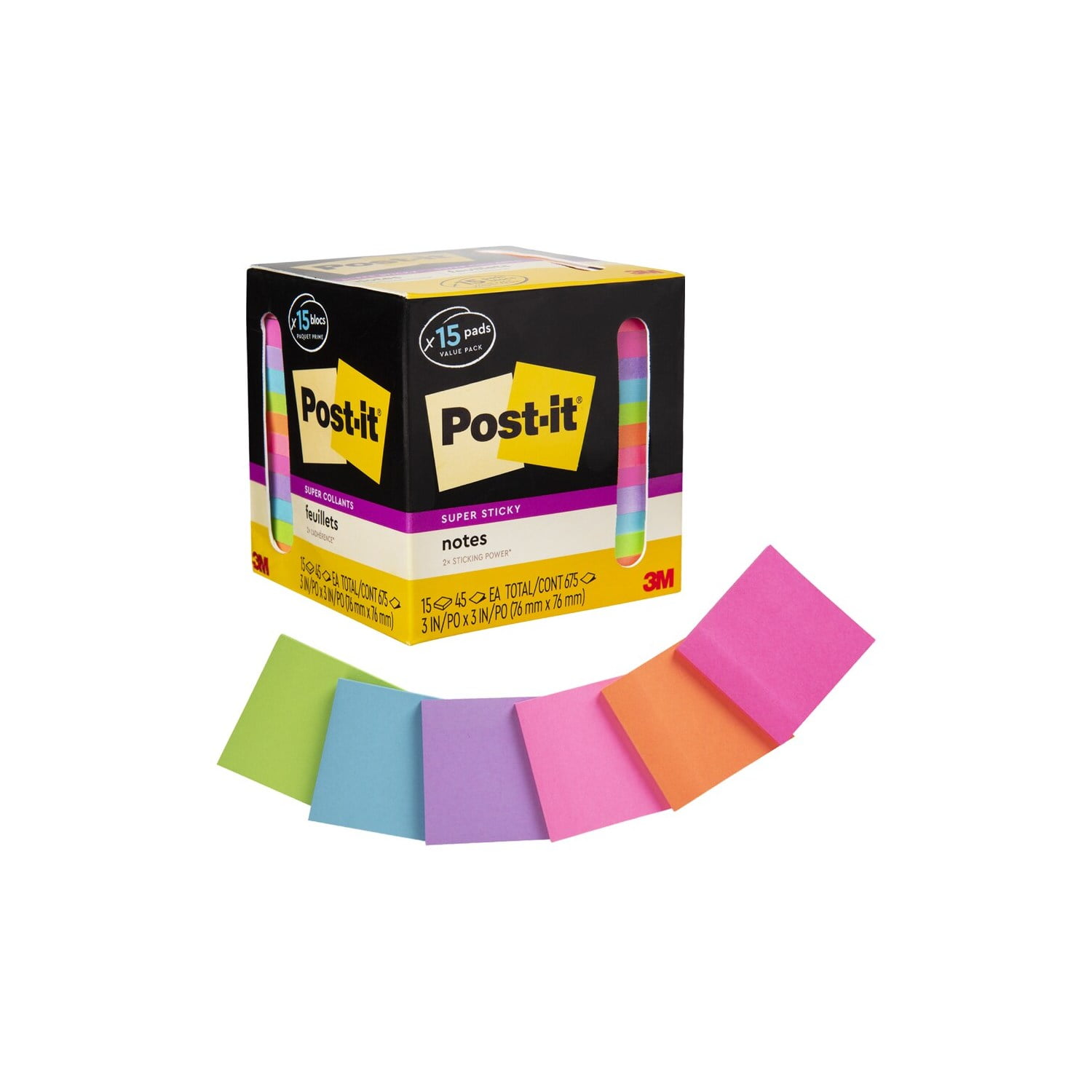 (2 pack) Post-it Super Sticky Notes, 3 in. x 3 in., Assorted Bright colors, 15 Pads