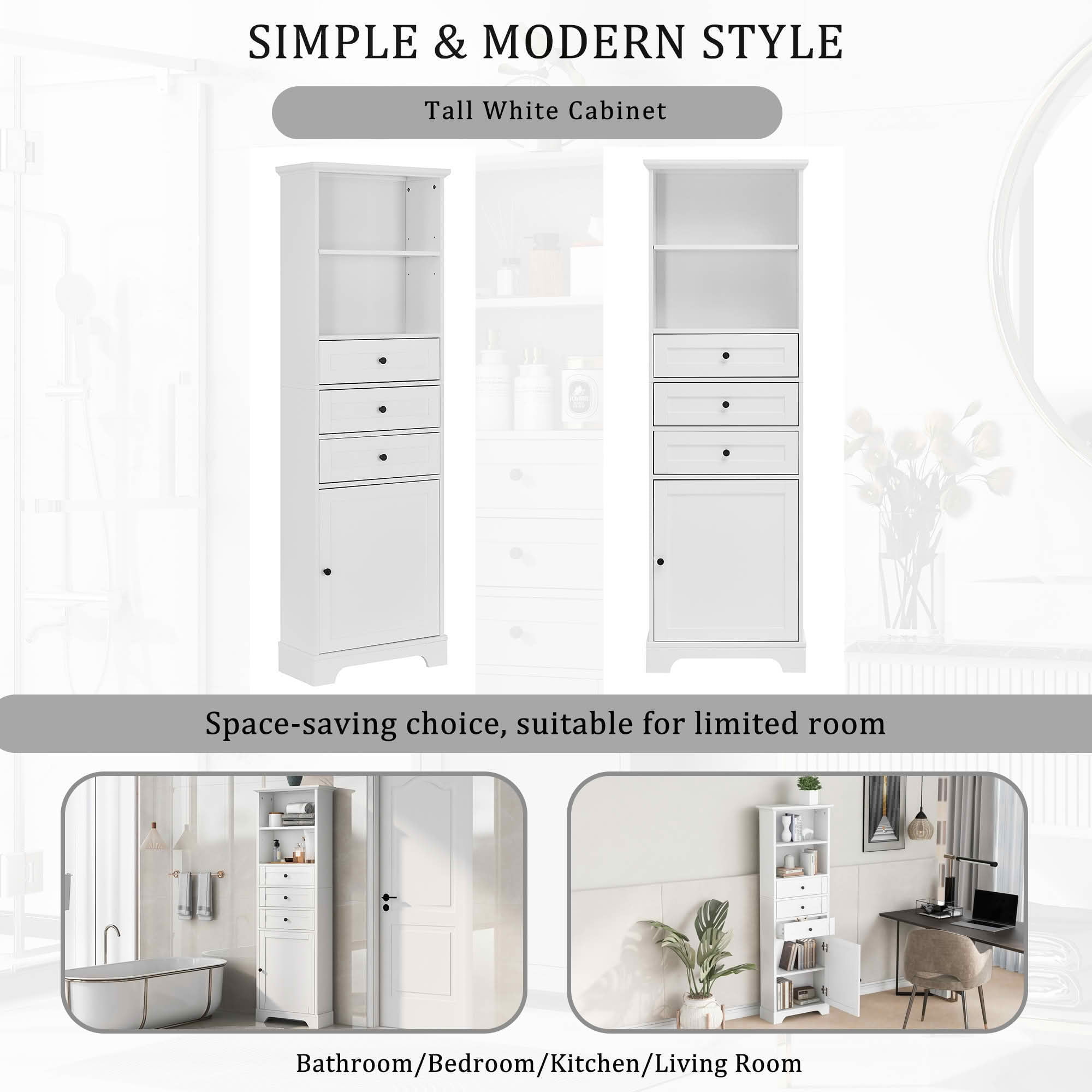 MAYEERTY Tall Storage Cabinet, 3 Drawers Adjustable Shelves MDF Painted Finish, Bathroom Study Office, White