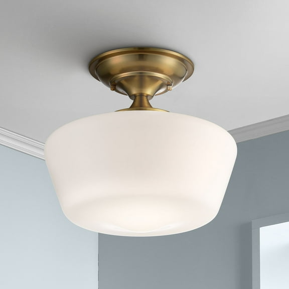 Regency Hill Rustic Farmhouse Ceiling Light Semi Flush Mount Fixture 12" Wide Soft Gold Opal White Glass for Bedroom Kitchen Living Room Hallway House