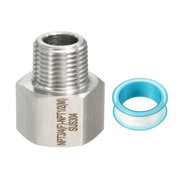Uxcell 304 Stainless Steel Forged Pipe Fitting, 3/4" NPT Female to 1/2" NPT Thread Adapter Hex Pipe Fitting Adapter for Hose Line Connection Convert, Silver(1.5x1.34")