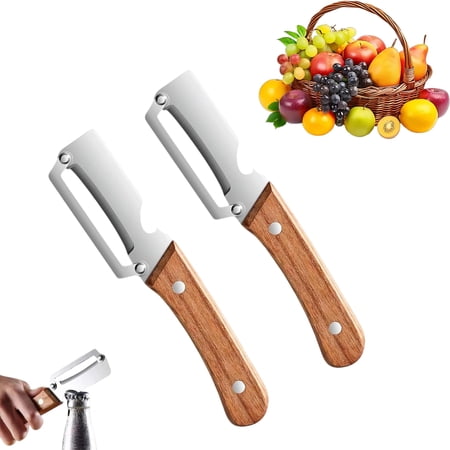 2026 New Zero Snag Wooden Kitchen Tool, 2-in-1 Multifunctional Stainless Steel Vegetable Handle Peeler with Built-in Bottle Opener for Fruit, Potato, Pumpkin, Papaya, Zero Snag Wooden Peeler (2 PCS)