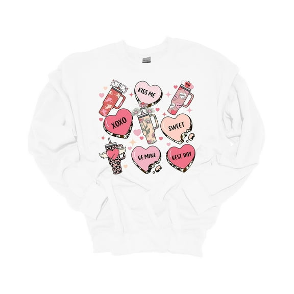 Womens Tumbler Sweatshirt Valentines Day Sweet Heart Cups Crewneck Sweatshirt-White-xxl