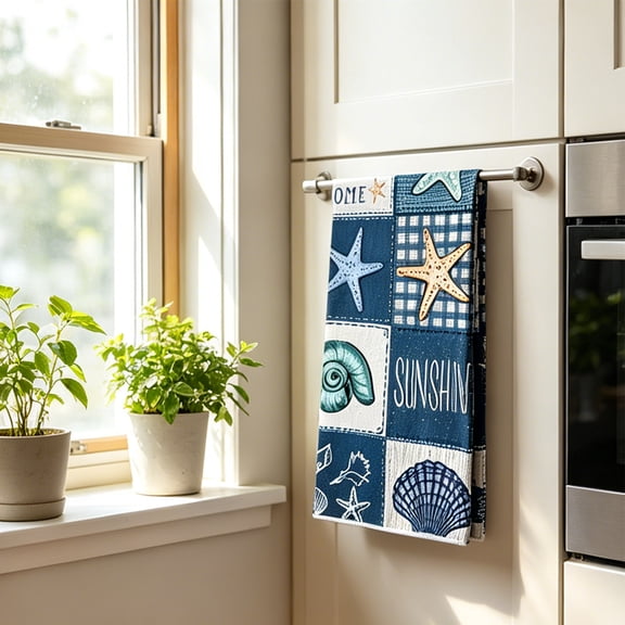 Cififendec Coastal Seashell Starfish Kitchen Towel, 23.6"×15.8", Ocean Nautical Printed Absorbent Soft Dish Hand Towels for Kitchen Beach Bathroom Decor