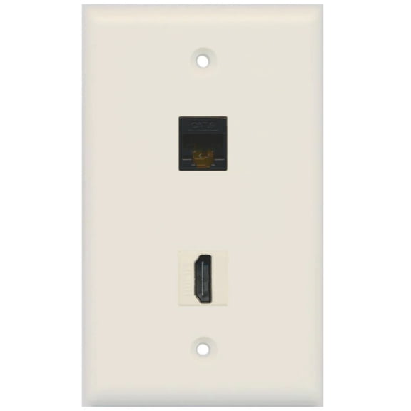 RiteAV - 1 Cat6 Black Ethernet and 1 HDMI Port Wall Plate - Light Almond - Bracket Included