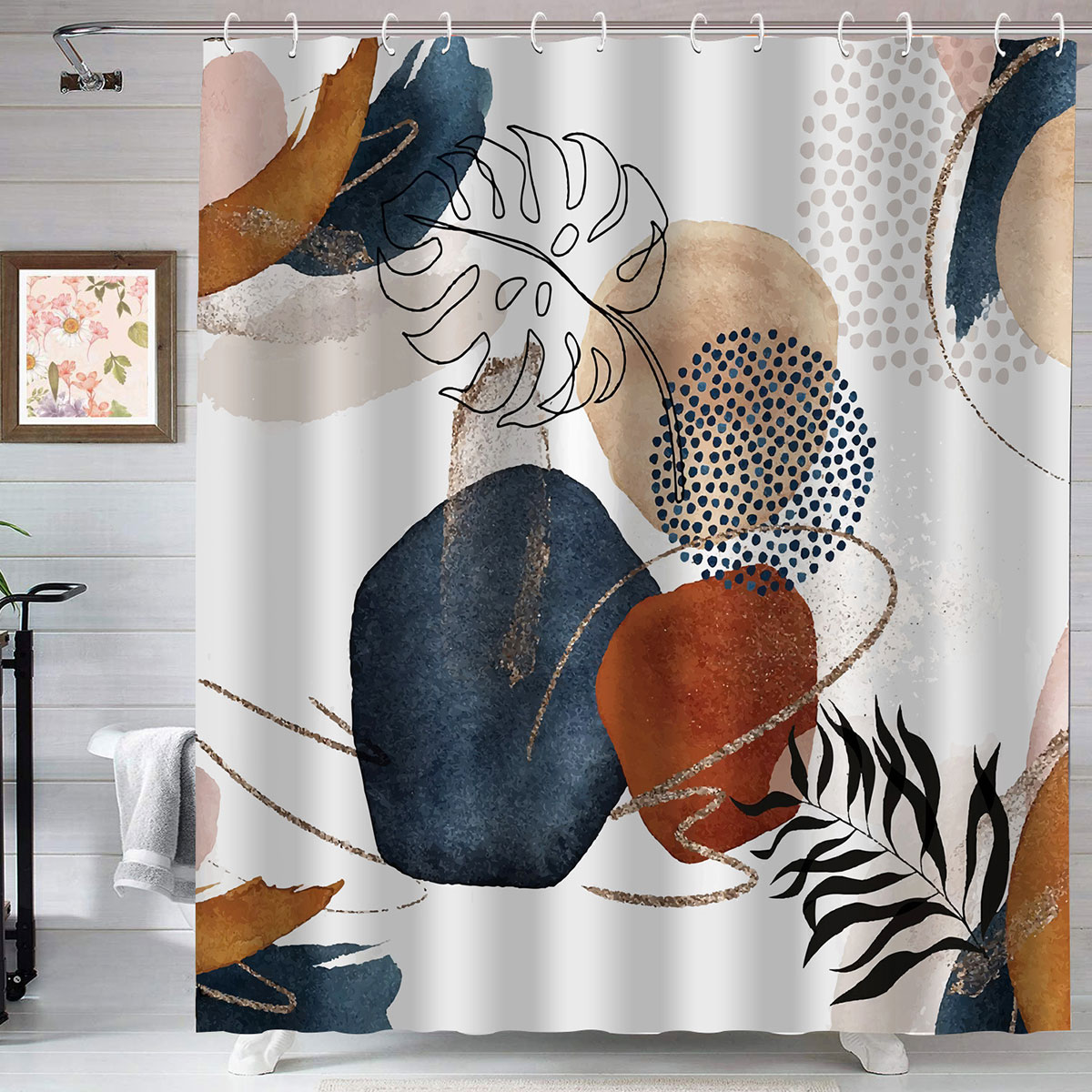 Dznils Abstract Shower Curtain, Geometric Boho Design, 72" x 72", Blue photo 7