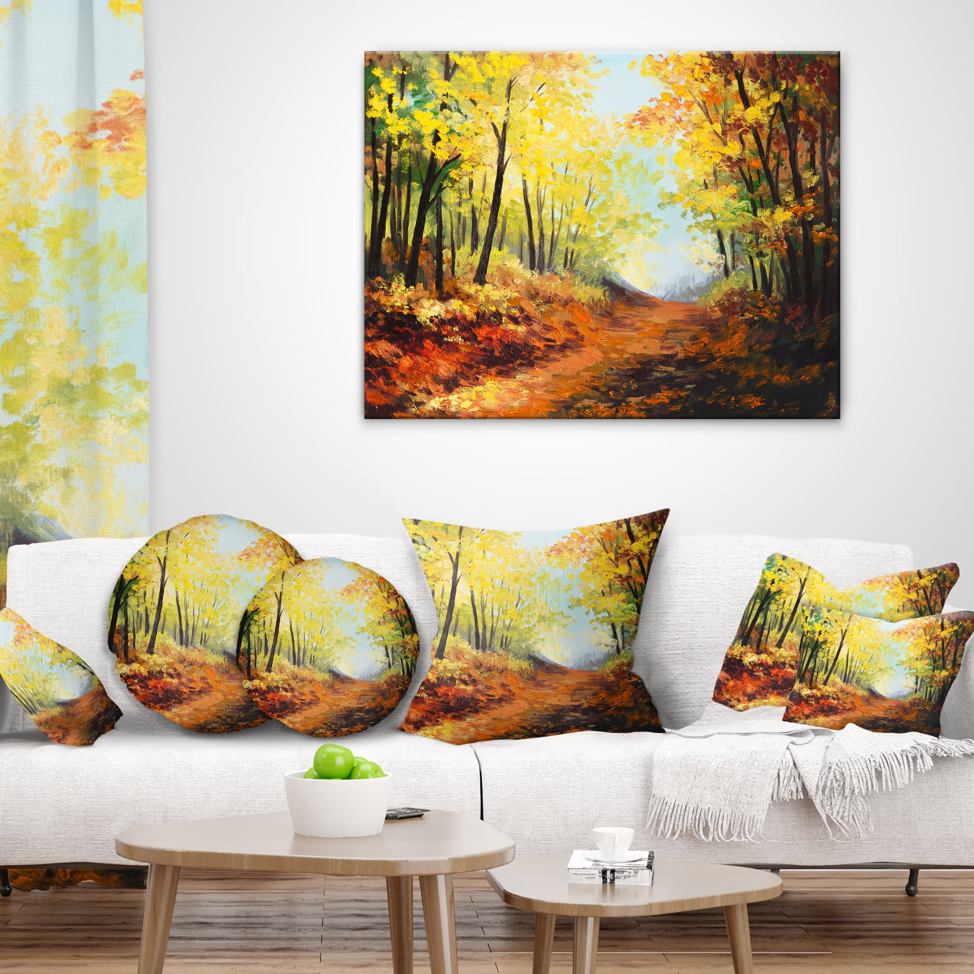 Designart Autumn Forest Pathway - Landscape Printed Throw Pillow - 12x20