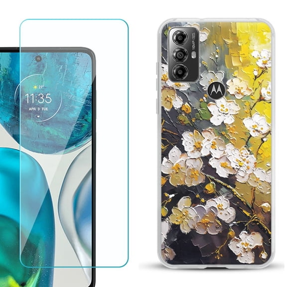 OneToughShield ® for Motorola Moto G Play 2023 Shockproof Fashion Phone Case, with Tempered Glass Screen Protector - Plum Flower