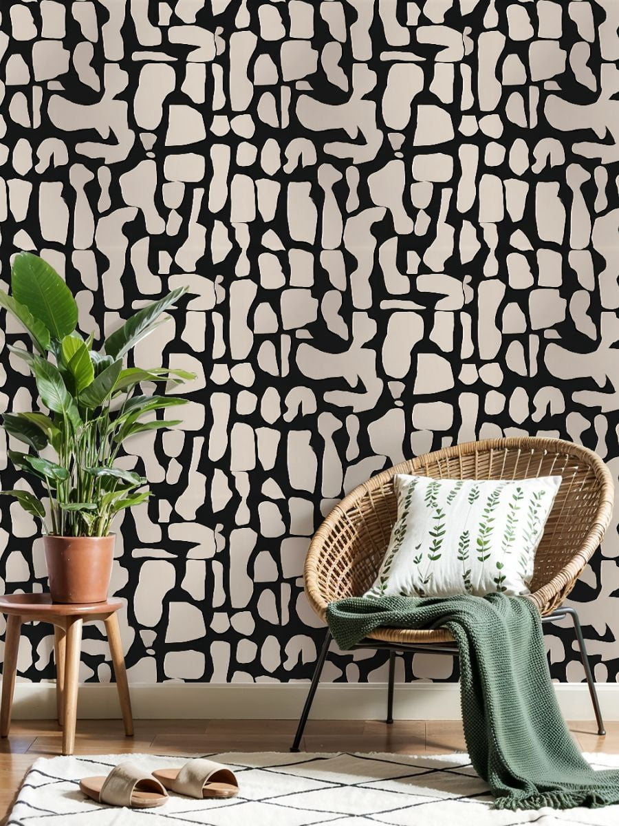 Peel and Stick Wallpaper Abstract Black Beige Geometric Organic Shapes Wall Mural 17.7in x 9.8ft Self Adhesive Removable Wall Paper Renter Friendly Wallpaper for Nursery Bedroom Cabinets