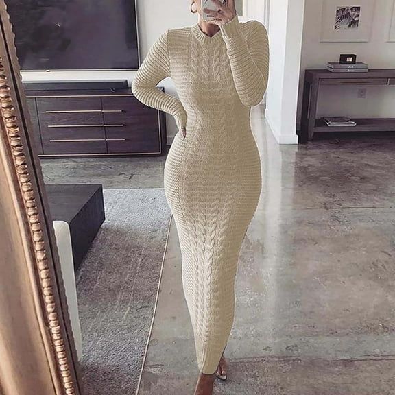 symoid Long Dresses for Women- Fashion O-neck Solid Hemp Flowers Knitting Long Sleeves Dress Beige XXL